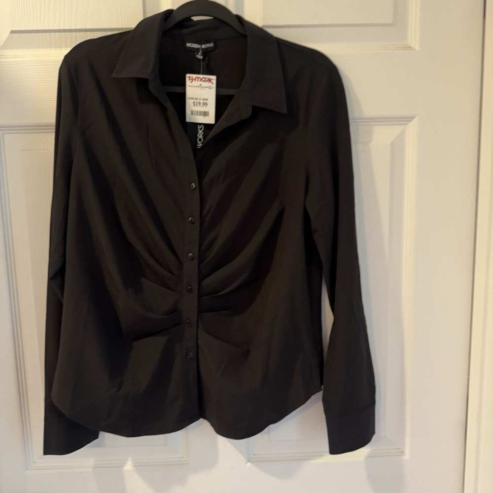 NEW Women's Modern Works Size L‎ Spandex Black Shirred Button Front Dark Fairy